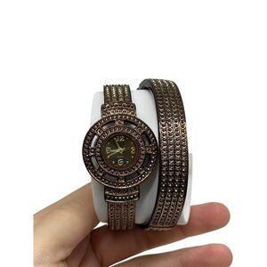 VTG Rhinestone Women Cuff Watch & Bangle Set Bronze Tone Quartz Bracelet Stylish